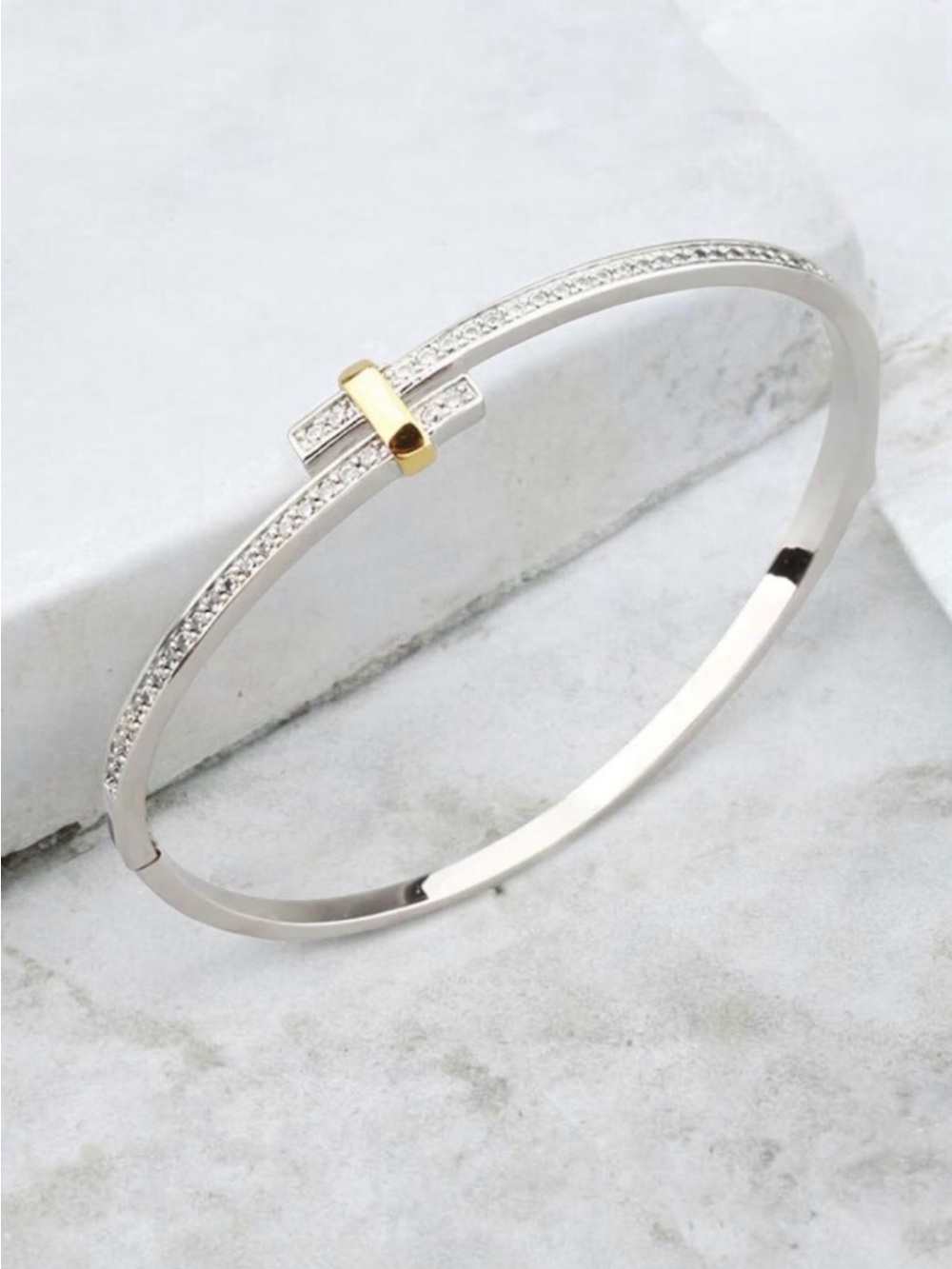 Two-Tone Crystal Bar Bangle Bracelet - Silver and Gold Plated NWT